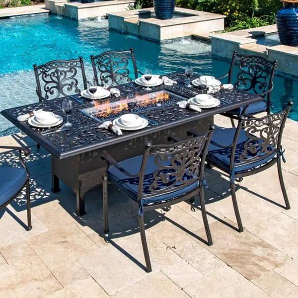 7pc Cast aluminum dining set with gas fire pit table