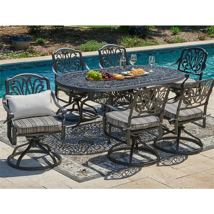Cast aluminum outdoor furniture-7piece patio gathering dining table and swivel chair set