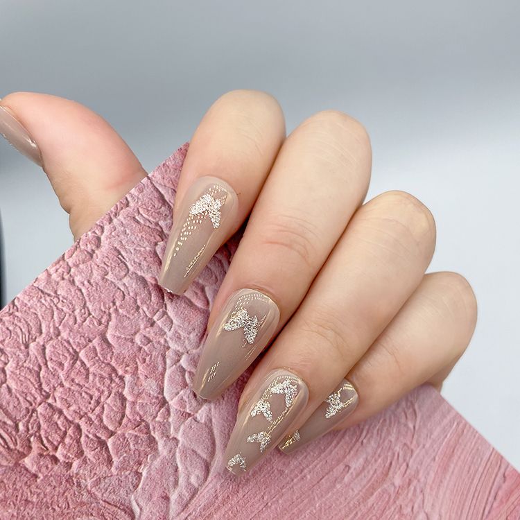 Easywell 28 pcs Bright Silver Butterfly coffin false press on nails custom Fake Nails Coffin fake nails