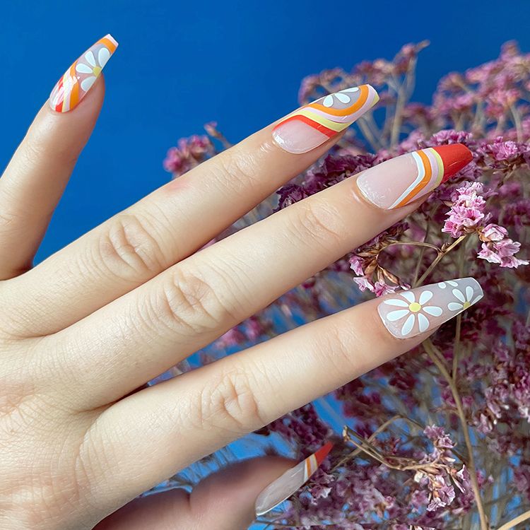 Easywell 28 pcs summer daisies coffin false press on nails custom Fake Nails