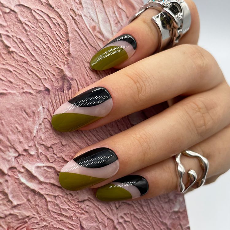 Easywell 28 pcs geometric dark green oval false press on nails custom Fake Nails