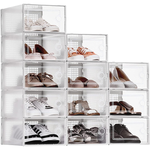 Cajas de almacenamiento de zapatos de cartón, paquete de 12, medianas  (tamaño máximo: hombre 10, mujer 12), cajas de zapatos apilables, caja de