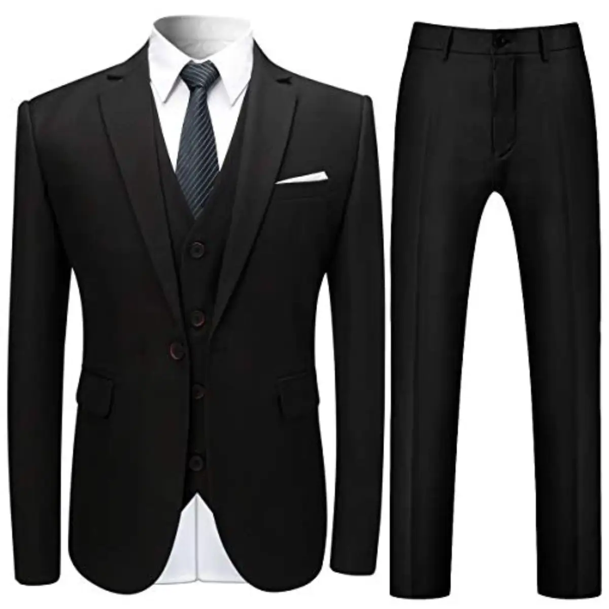 YFFUSHI MEN'S SLIM FIT 3 PIECE SUIT ONE BUTTON SUITS BLAZER TUX VEST & TROUSERS BLACK