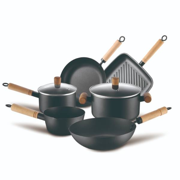 Pressed carbon steel non-stick cookware set with cutting edge