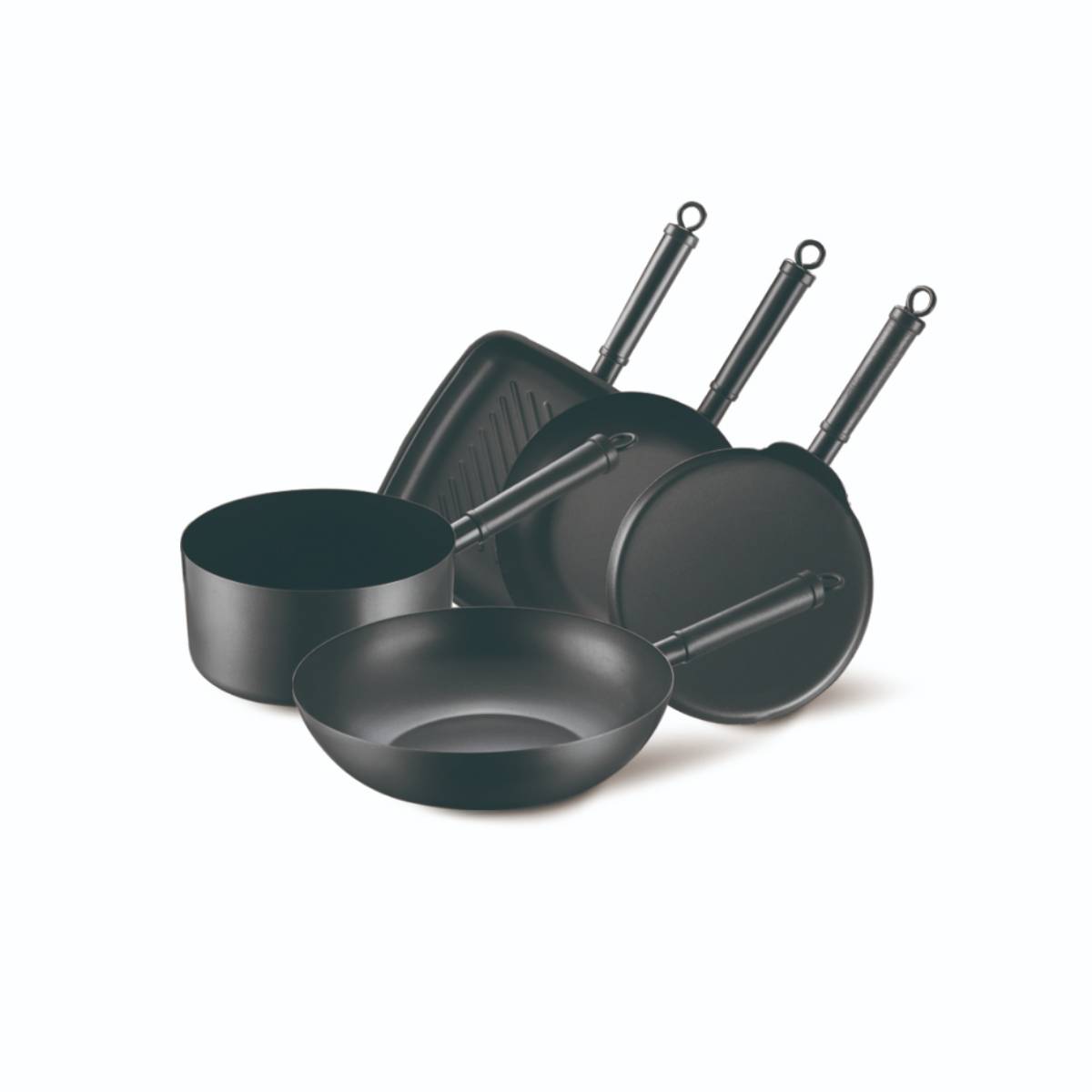 Pressed carbon steel non-stick cookware set with curring edge