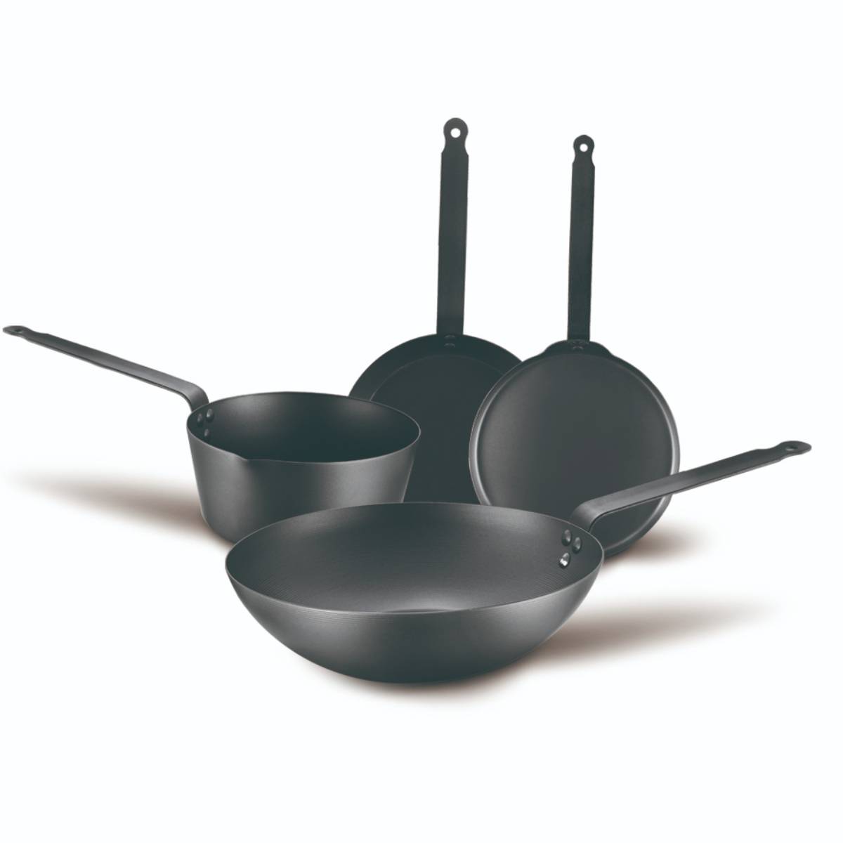Pressed carbon steel non-stick cookware set with cutting edge