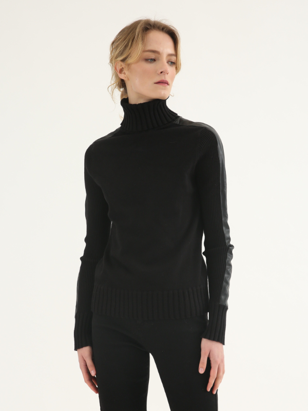 Fake Leather(PU) Splicing Turtleneck Sweater