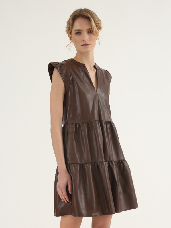 V-neck Fake Leather(PU) Dress