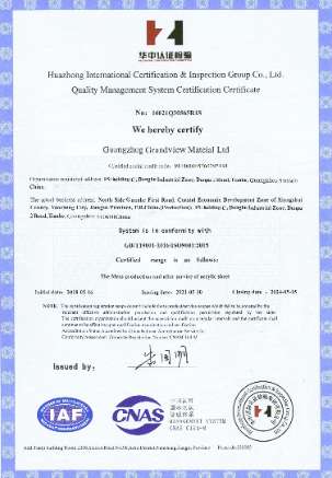 Certificate-ISO 9001 Grandview Acrylic