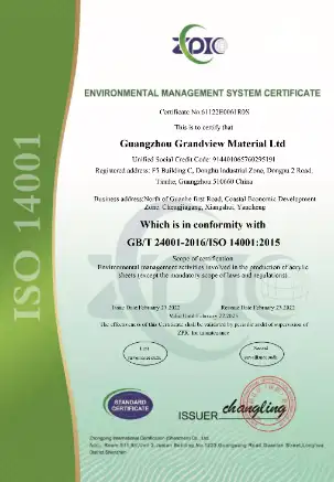 Certificate-ISO 14001 Grandview Acrylic