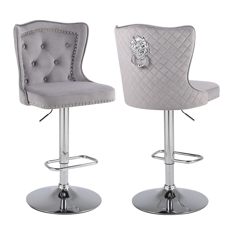 Gray Velvet Bar Chair with Diamond Pattern and Lion Head Backrest, Adjustable Height and Swivel Base