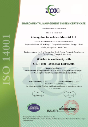 Certificate - ISO14001 Grandview Acrylic