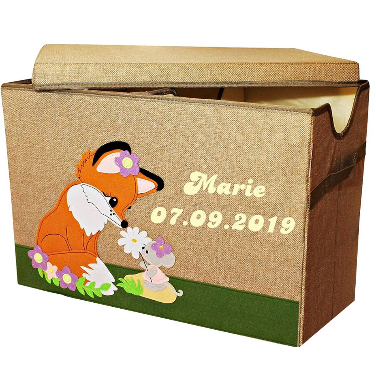 Customized Cartoon Polyester Linen Foldable Toy Storage Box for Kids with Lid