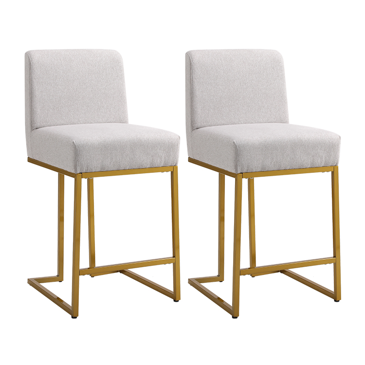 Modern Counter Height Bar Stools , Linen Upholstered Gold Bar Stools with Backrest,  Kitchen Island Stools with Gold Metal Frame, Cream
