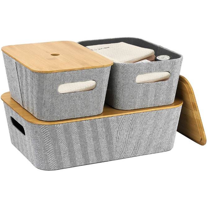 Collapsible Dustproof And Waterproof Bamboo Cover Storage Box Three-Piece Set