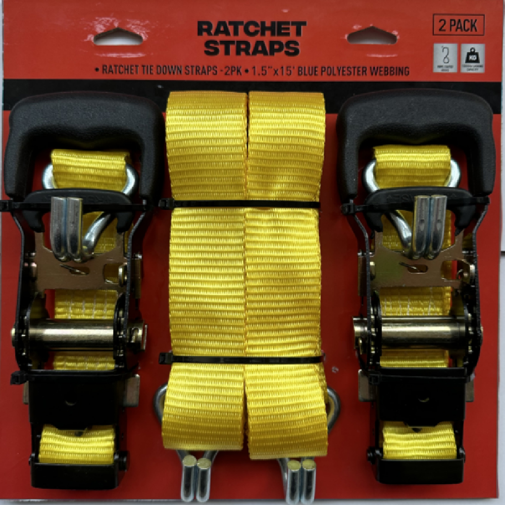 1.5" x 15' Tie Down Strap with Locking Handle Ratchet 2-Pack Premium Webbing