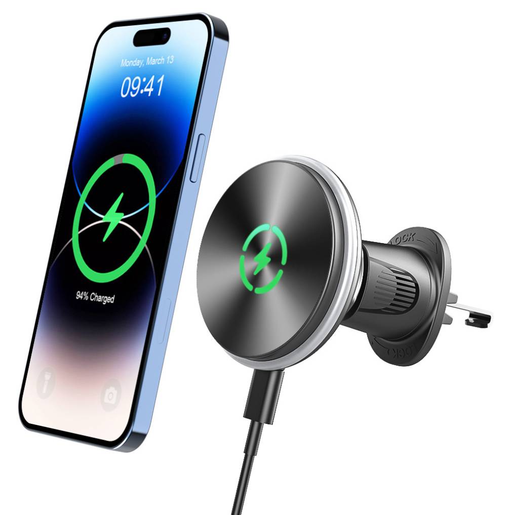 Anti-Shake Metal Hook Vent Clip Car Phone Holder Wireless Charger 15W Full Speed Wireless Charging Phone Holder with LED lamp