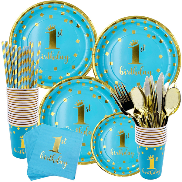 Blue Paper Plates and Napkins Set for First Birthday Party - Baby Shower and Birthday Party DecorationsThis complete set, adorned with blue/pink gold foil, offers a sophisticated and cohesive look for any celebratory occasion, ensuring convenience and sty