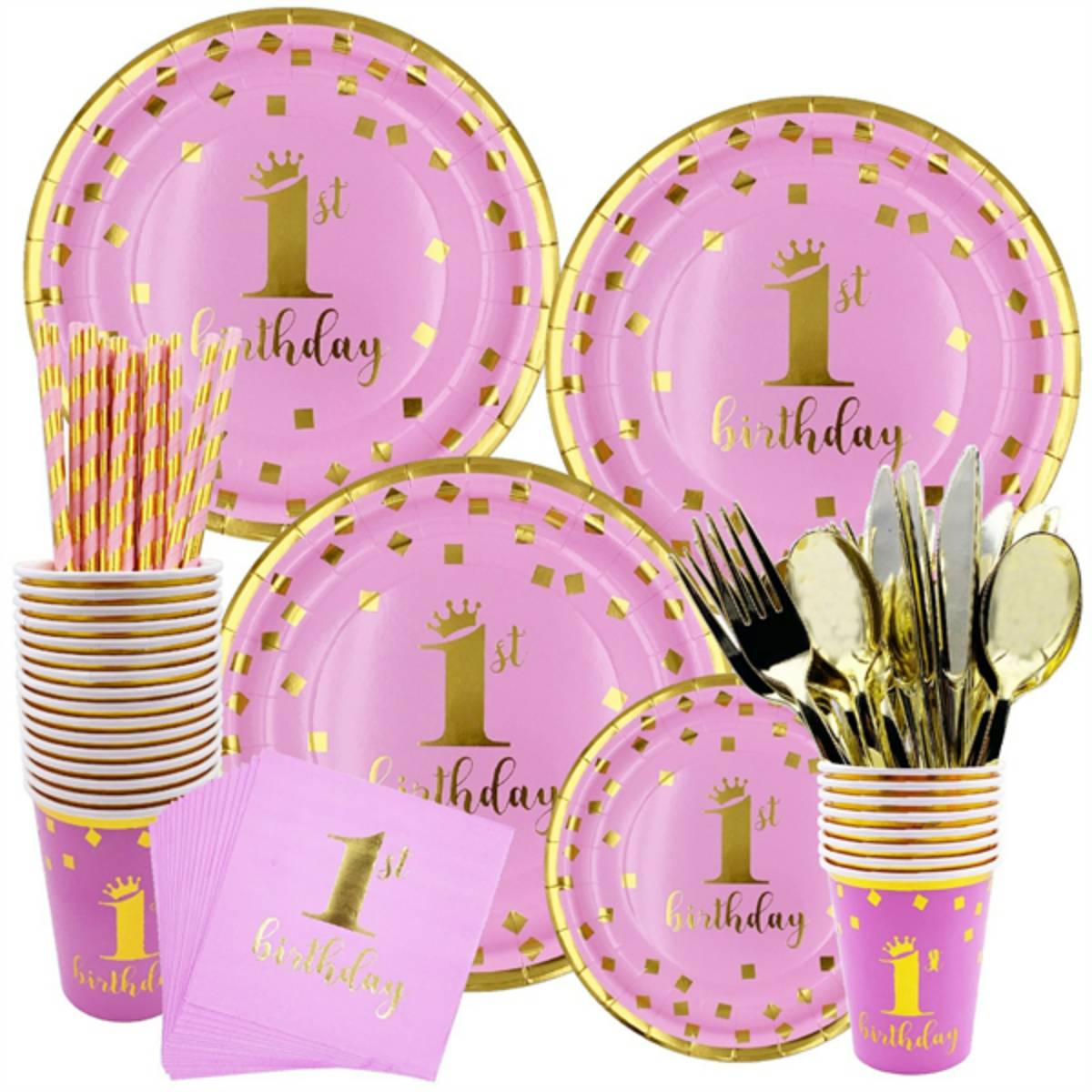 Pink Paper Plates and Napkins Set for First Birthday Party - Baby Shower and Birthday Party DecorationsThis complete set, adorned with blue/pink gold foil, offers a sophisticated and cohesive look for any celebratory occasion, ensuring convenience and sty
