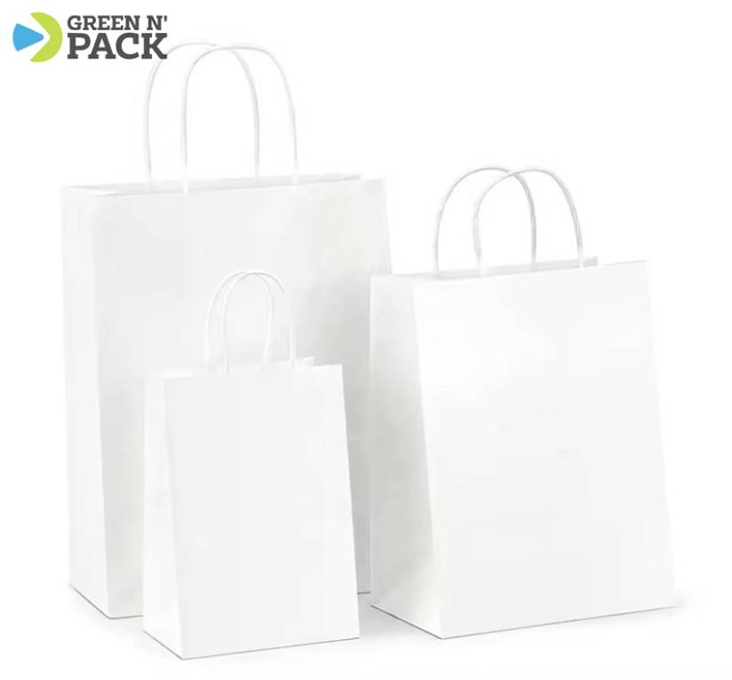 White Kraft Paper Bags with Handles, Craft Gift Bags ideal for Business, Gift, Shopping, Retail, Merchandise, Party