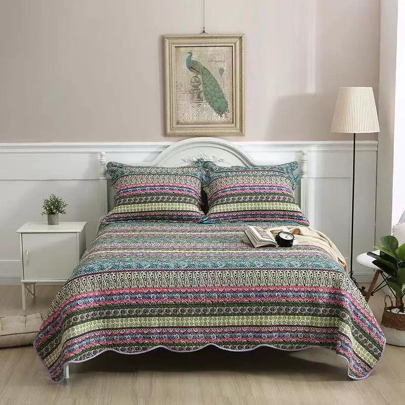 Double-sided 100% Cotton Green Floral Quilted Bedspread