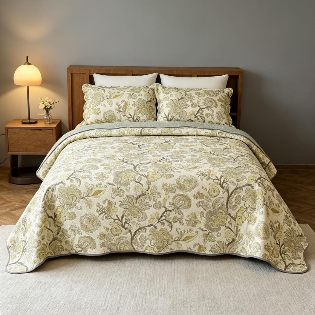 Double-sided 100% Cotton Green Floral Quilted Bedspread