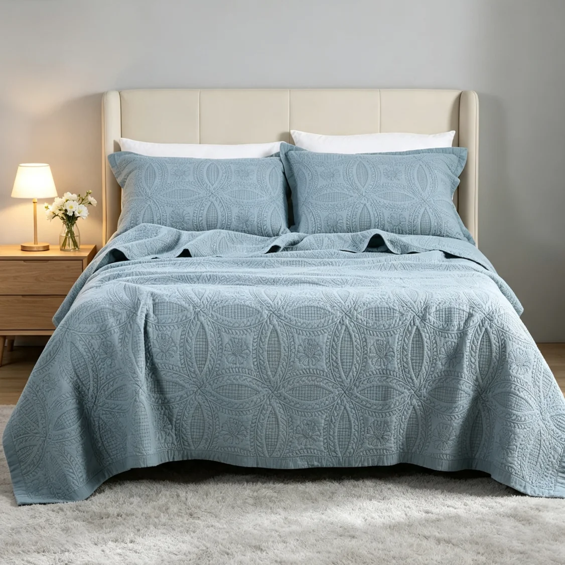 100% Cotton Blue Quilted Bedspread
