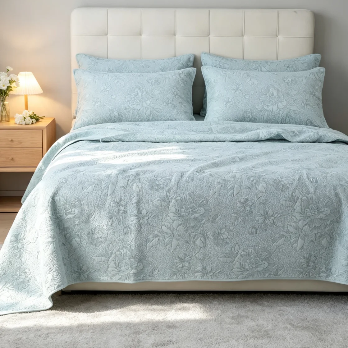 100% Cotton Light Blue Quilted Bedspread
