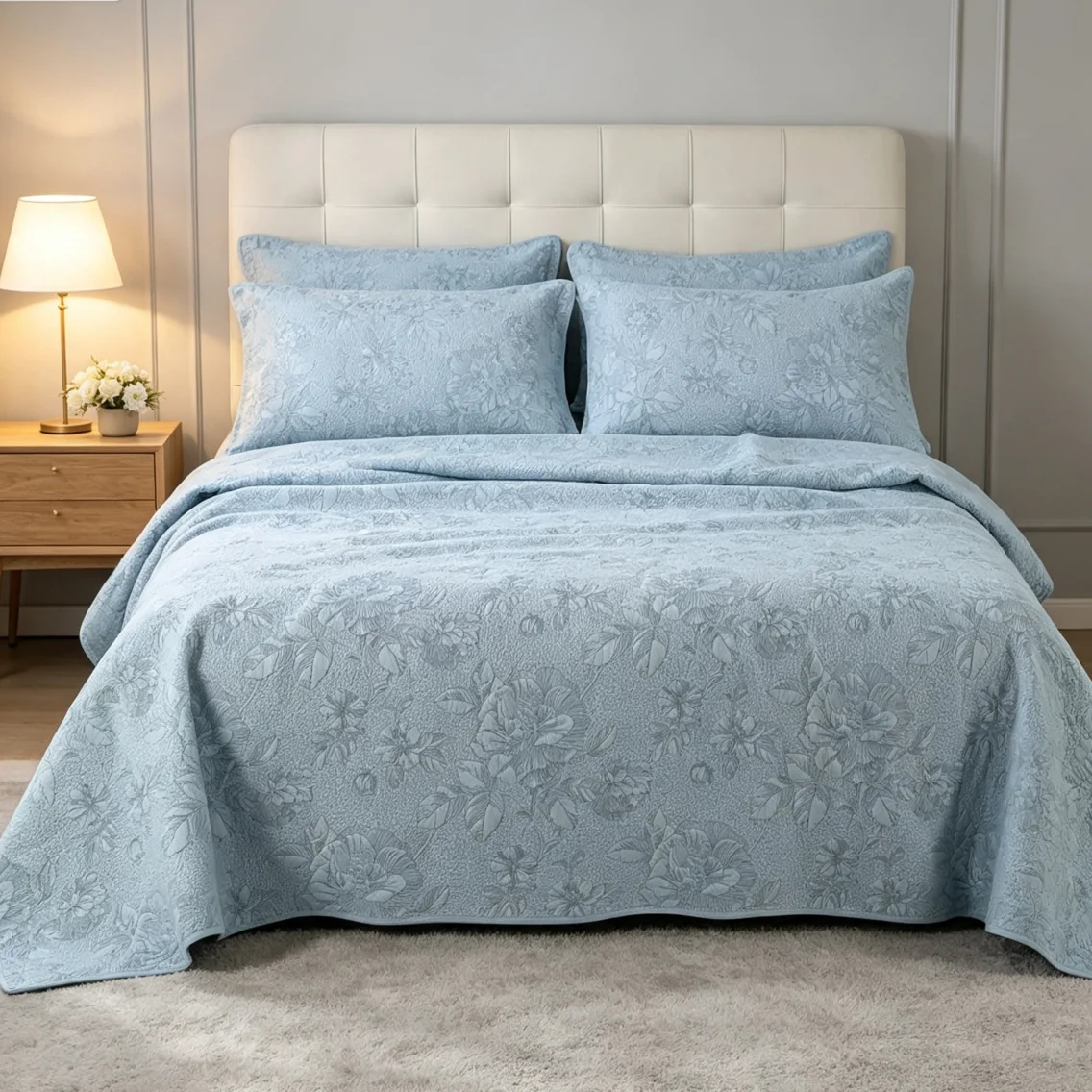100% Cotton Light Blue Quilted Bedspread