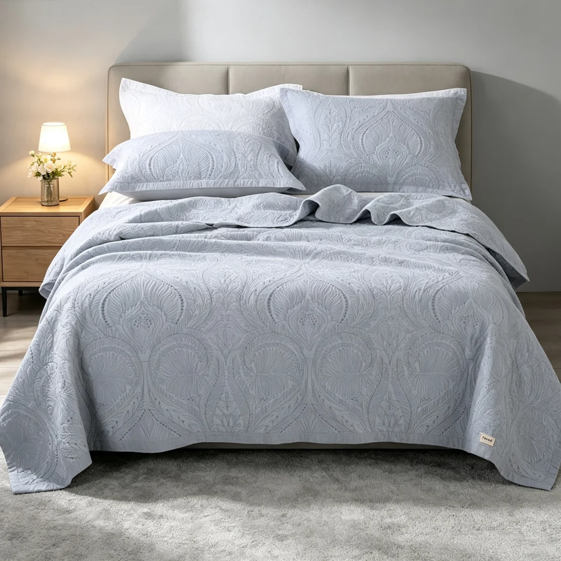 100% Cotton Light Grey Paisley Quilted Bedspread