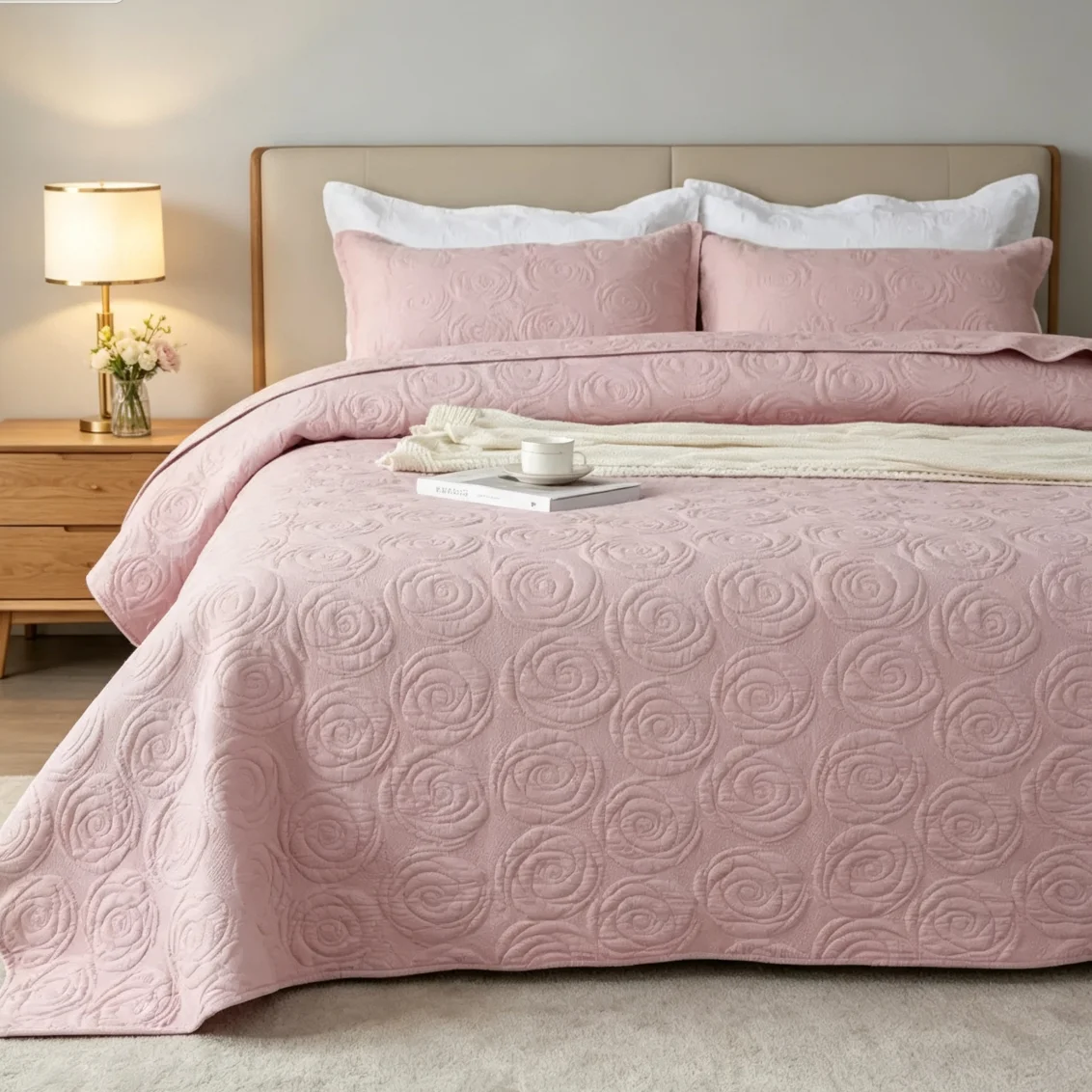 100% Cotton Light Pink Rose Quilted Bedspread