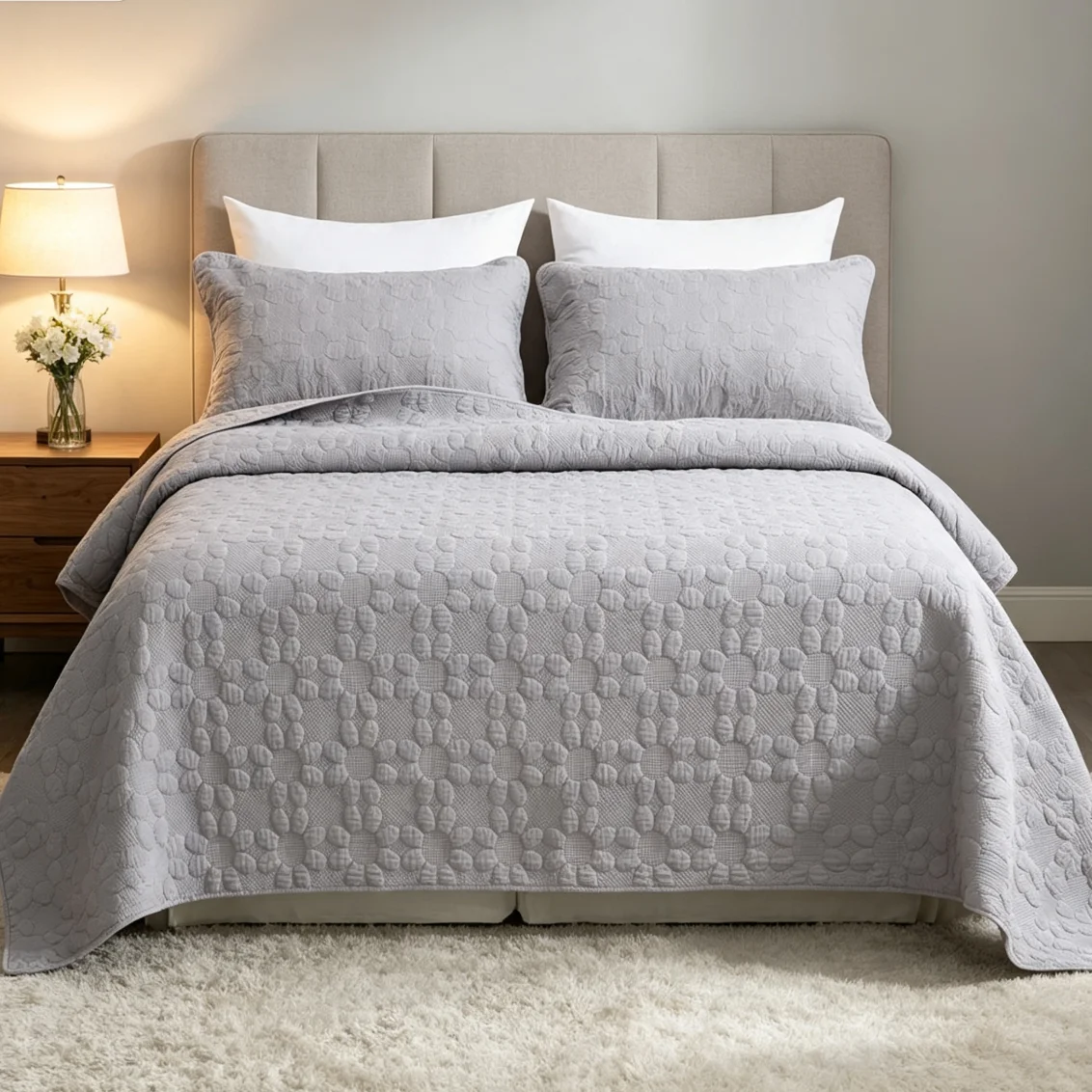 100% Cotton Light Grey Quilted Bedspread