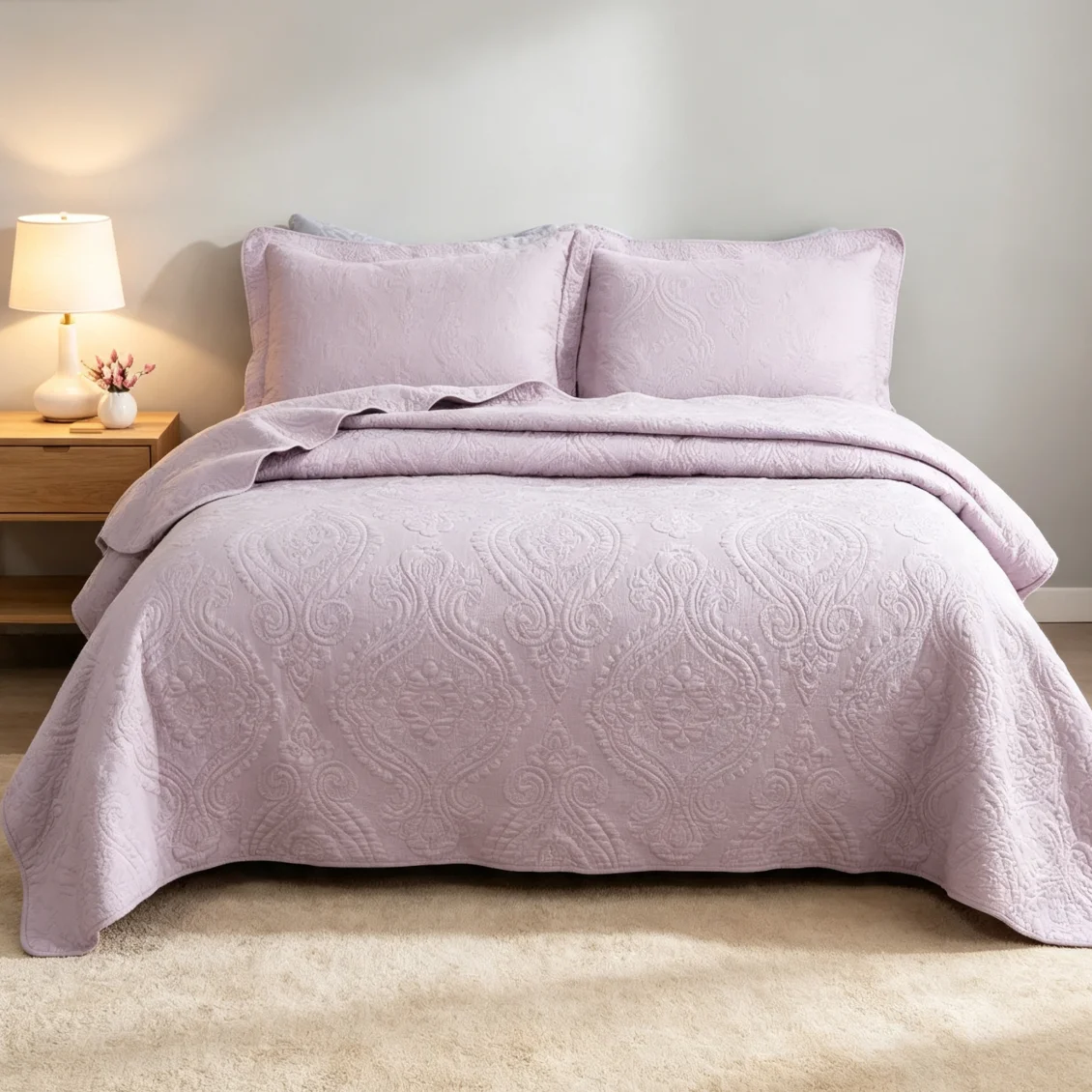 100% Cotton Light Mauve Paisley Quilted Bedspread