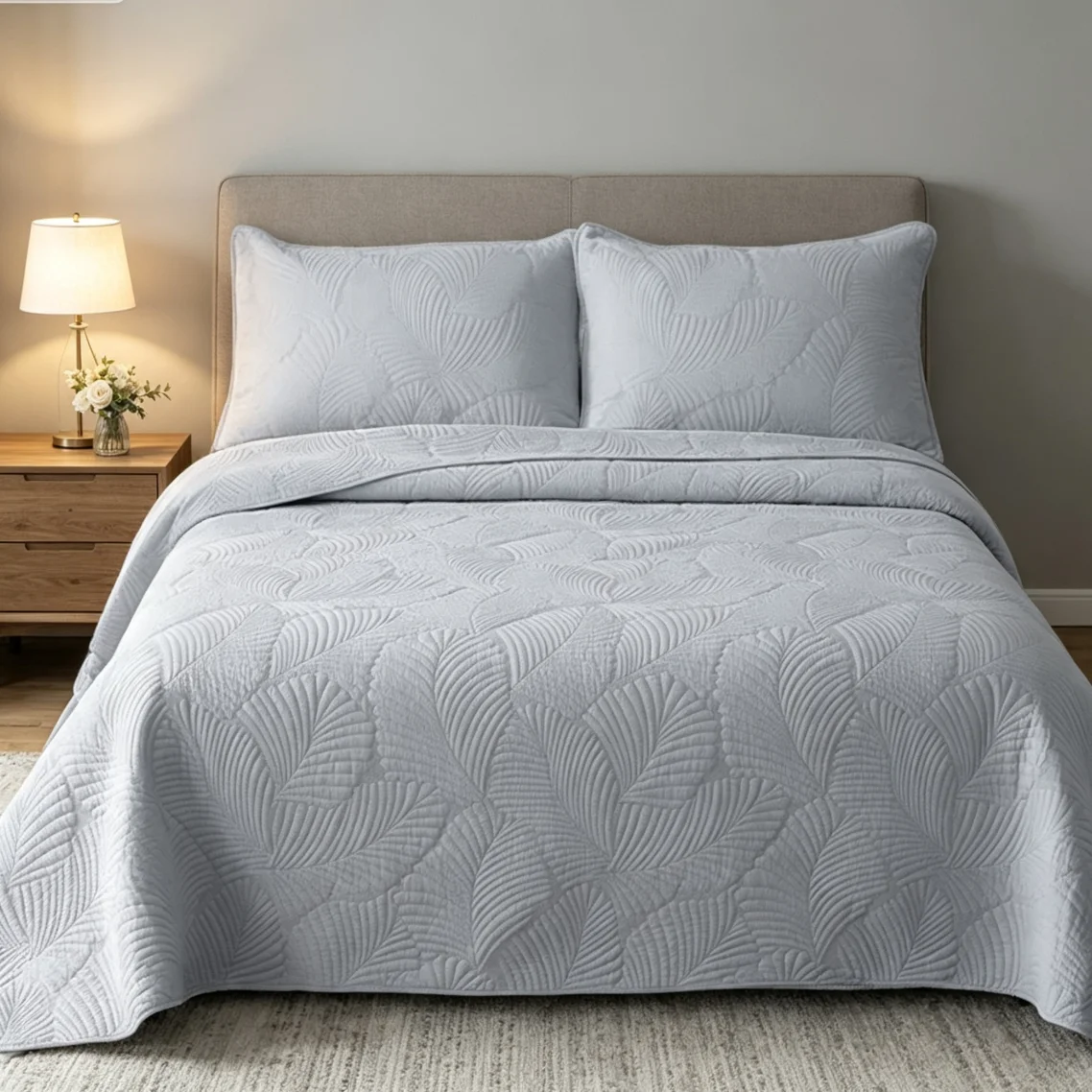 100% Cotton Light Blue Quilted Bedspread
