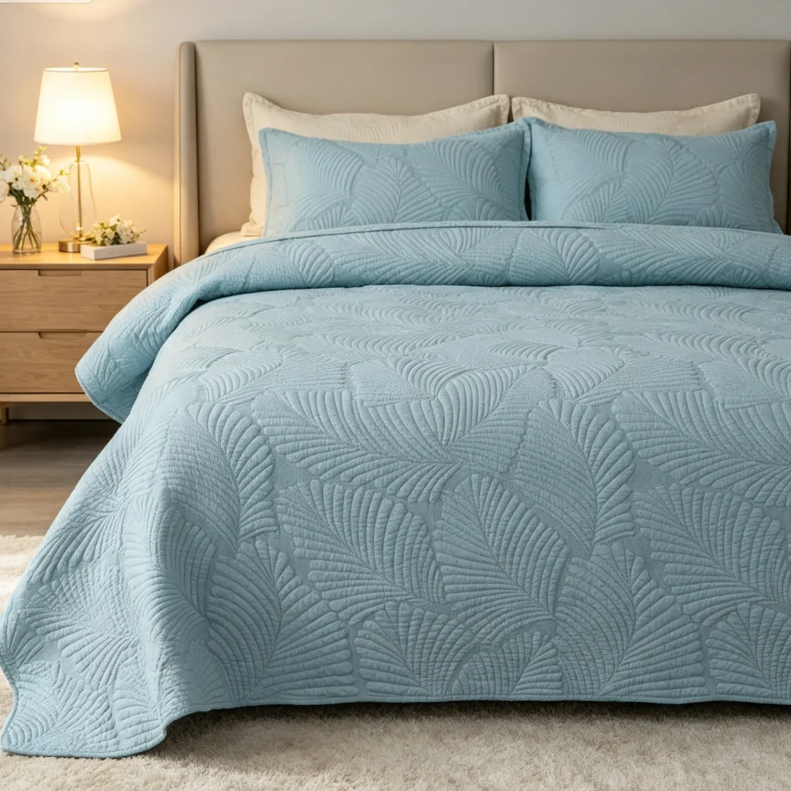 100% Cotton Light Blue Quilted Bedspread