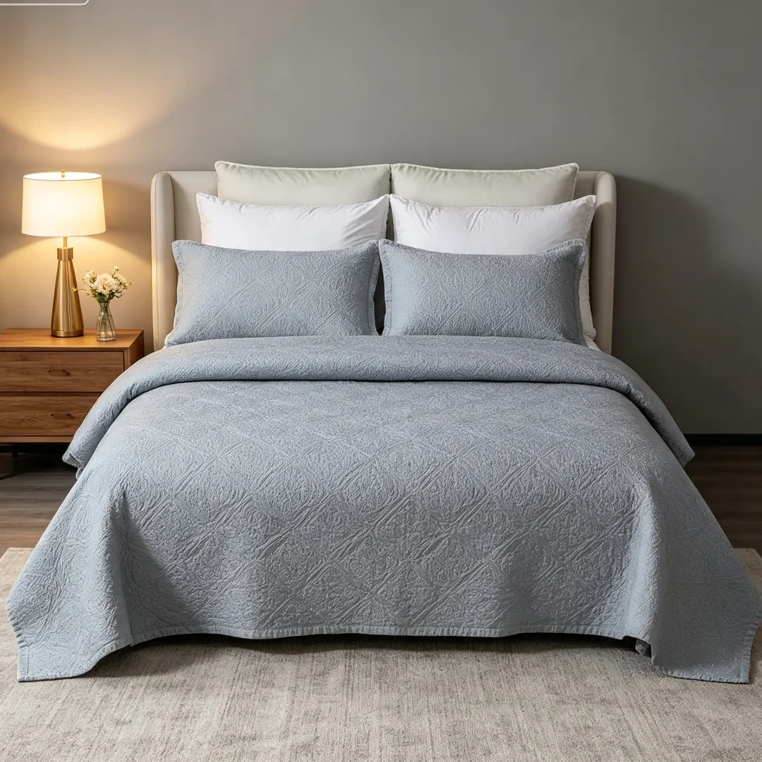 100% Cotton Dusty Blue Quilted Bedspread