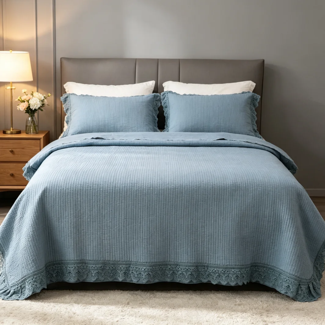 100% Cotton Dusty Blue Quilted Bedspread