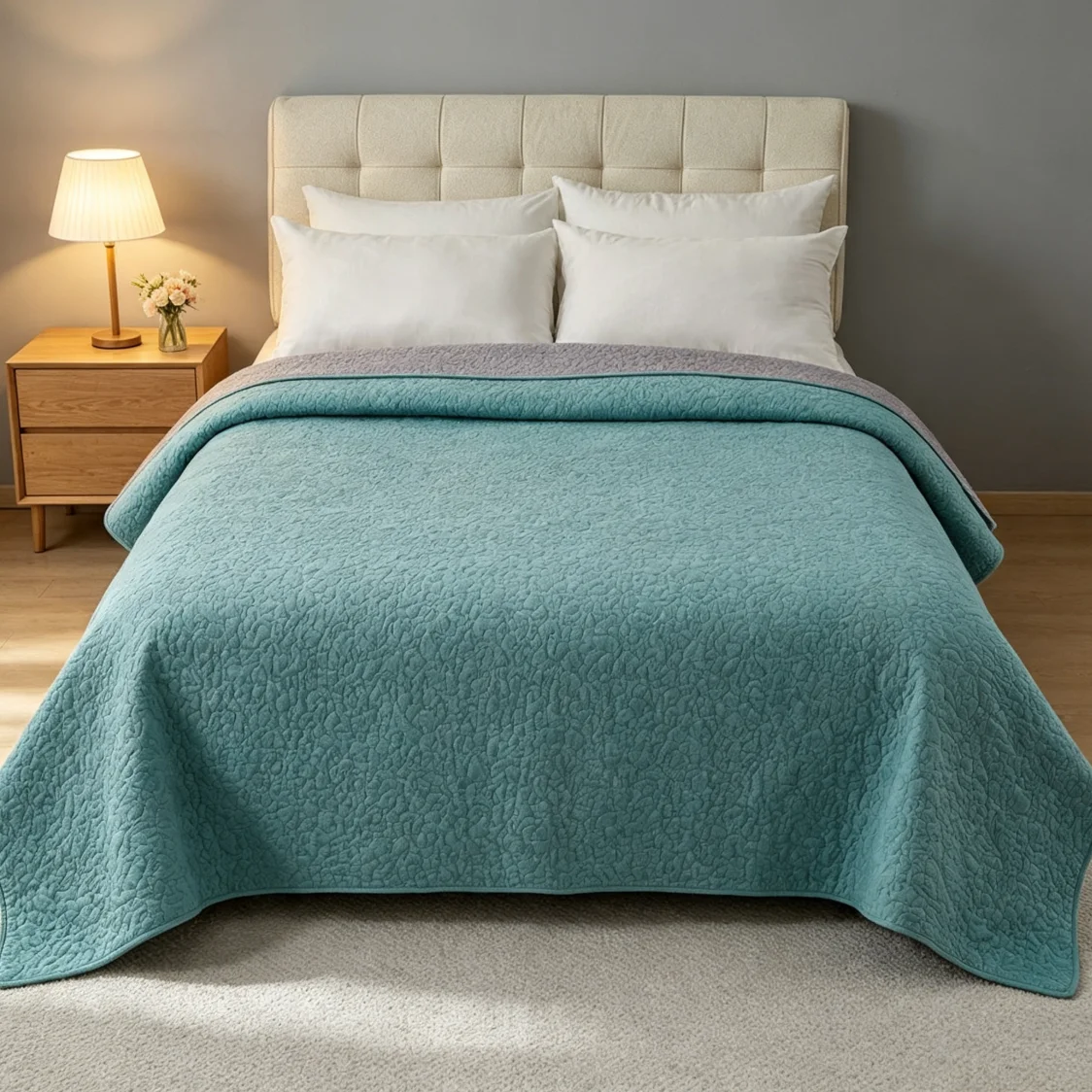 100% Cotton Sky Blue Quilted Bedspread