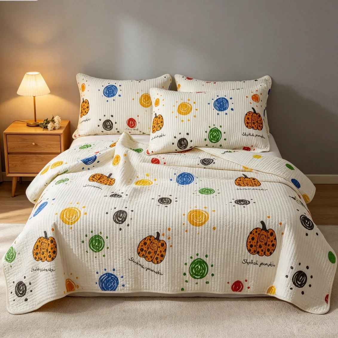 Double-sided 100% Cotton Pumpkin Dot Floral Quilted Bedspread