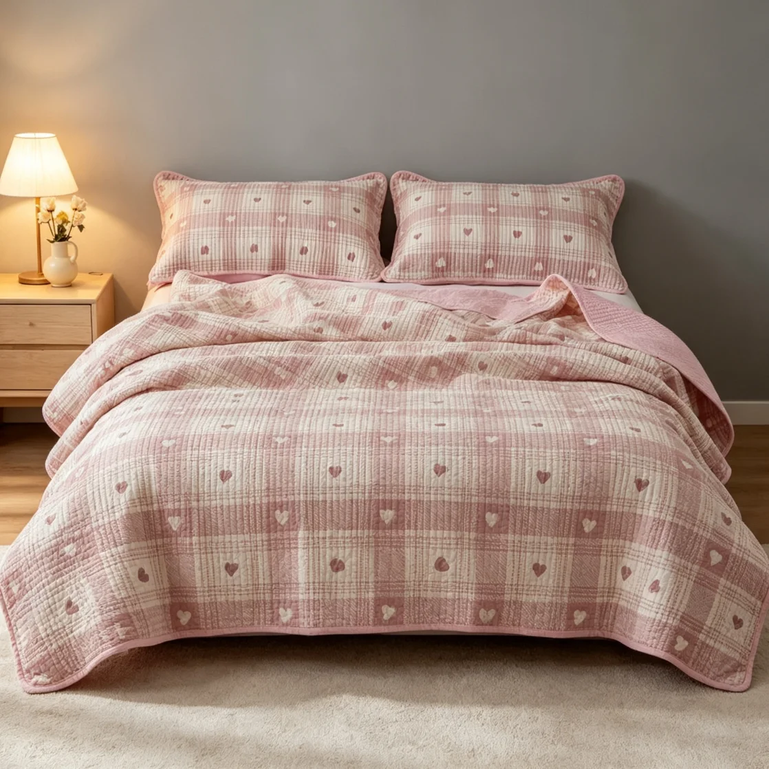 Printed 100% Cotton Pink Heart Plaid Flower Bedspread