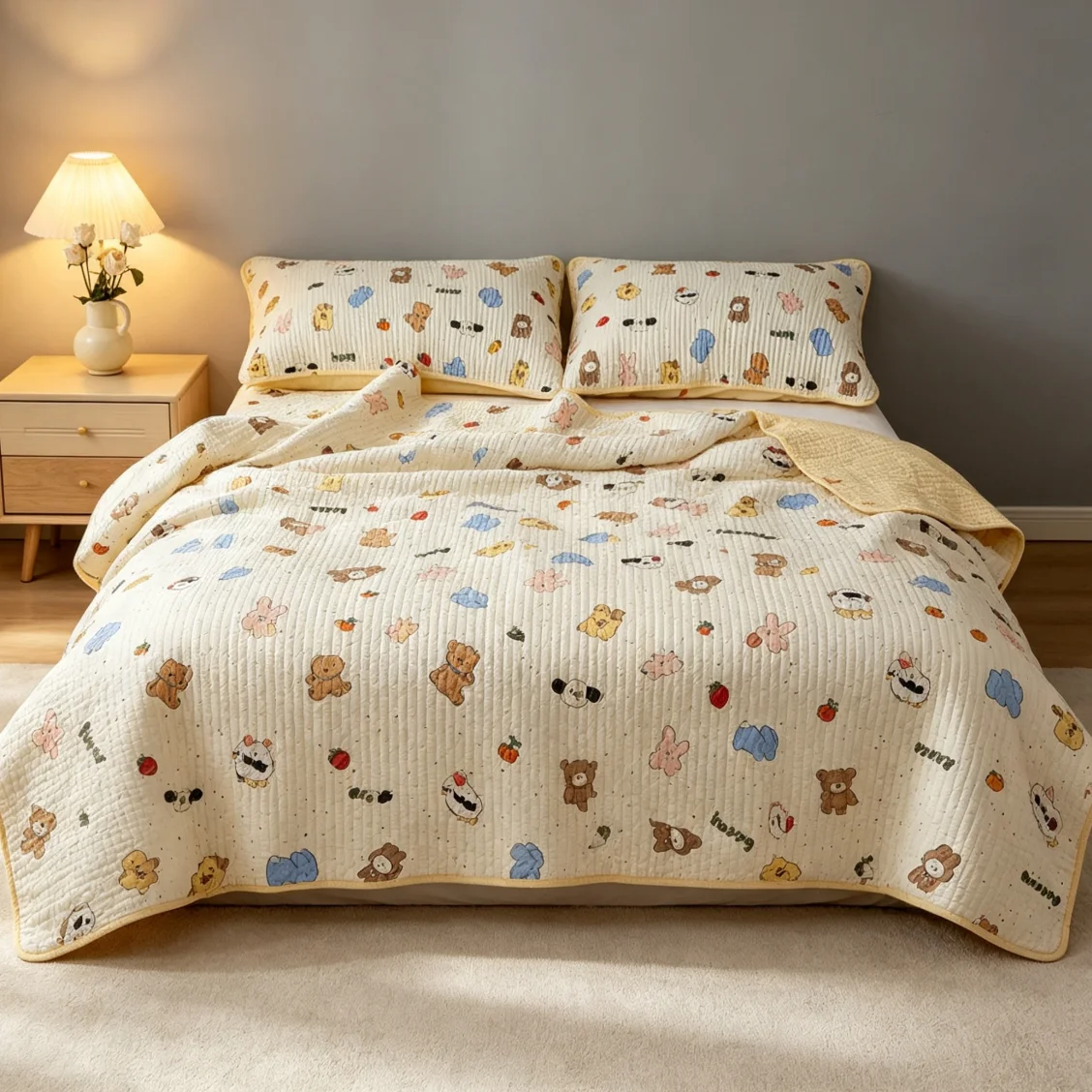 Printed 100% Cotton Cream Cartoon Animals Flower Bedspread