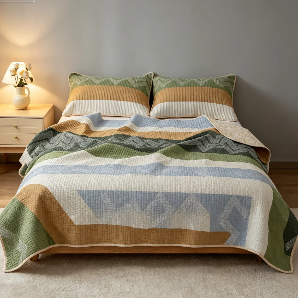 Printed 100% Cotton Modern Color Block Flower Bedspread