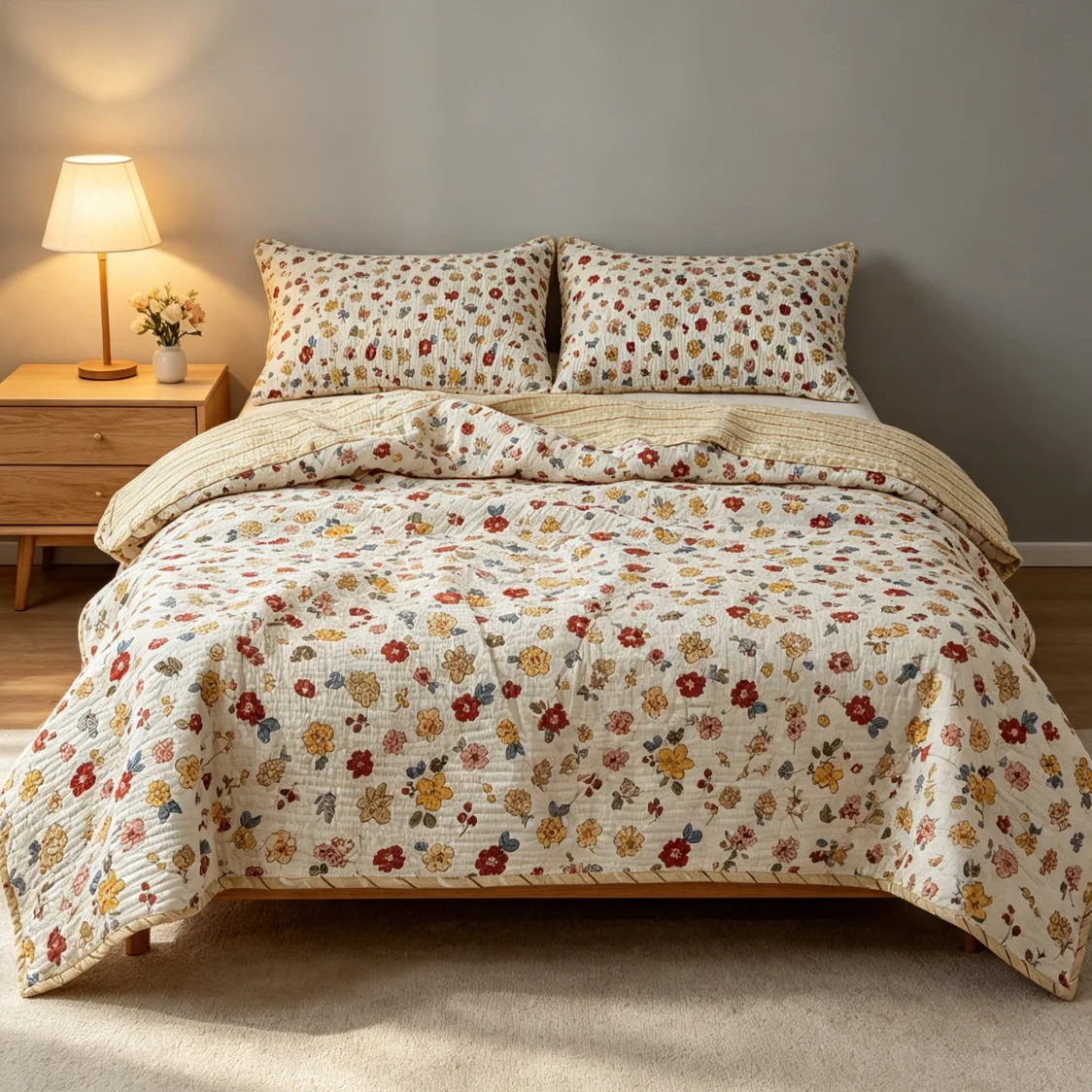 Printed 100% Cotton Cream Flower Bedspread