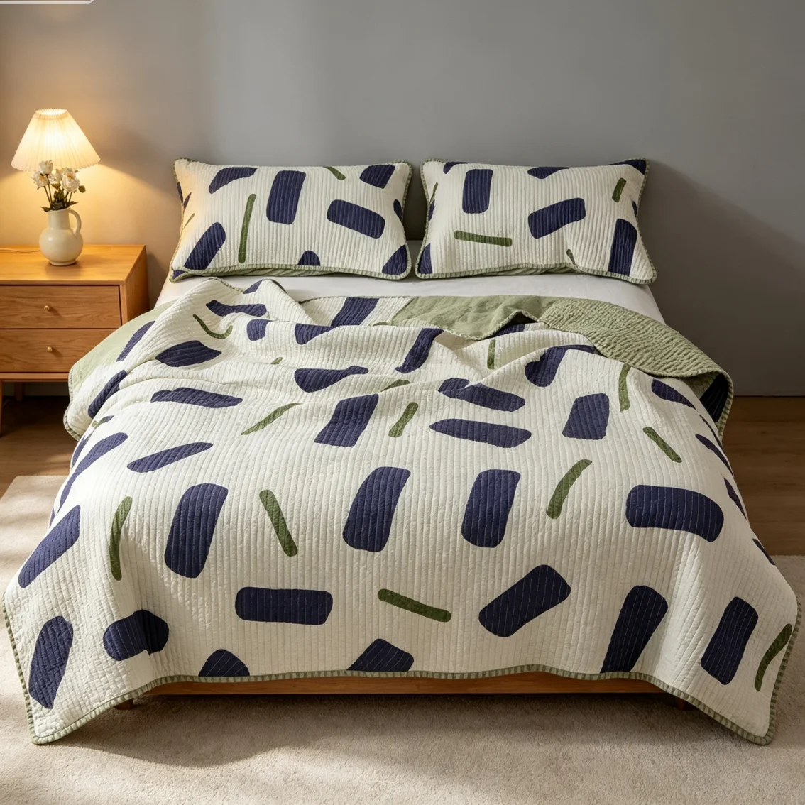 Printed 100% Cotton Navy Green Block Flower Bedspread